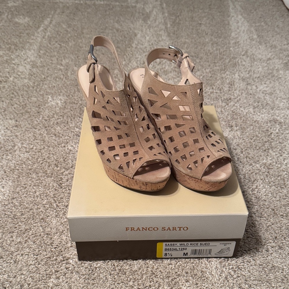 Franco Sarto Beige Suede Cutout Wedge Sandals